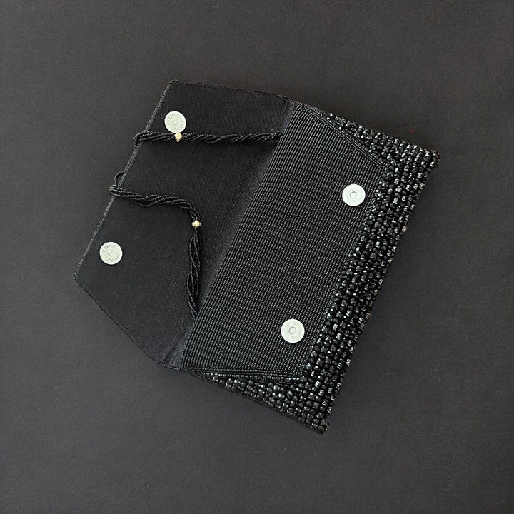 Handmade Crystal Evening Clutch: Beaded Black Envelope Wristlet