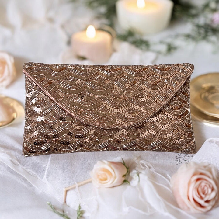 Sequin Envelope Clutch: Handmade Evening Bag In Antique Bronze