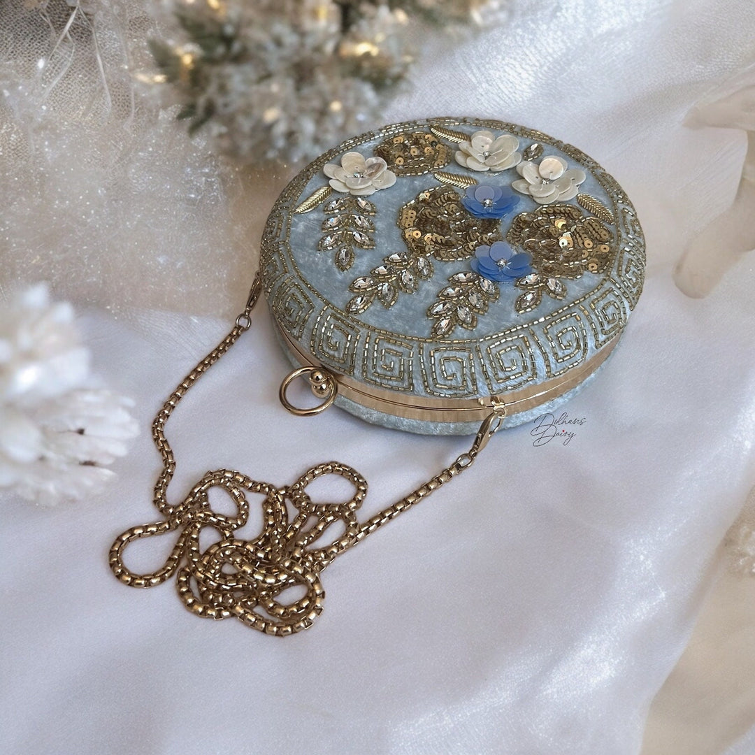 Powder Blue Bridal Clutch: Handmade Beaded Floral Velvet Evening Bag
