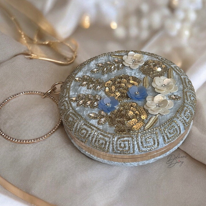 Powder Blue Bridal Clutch: Handmade Beaded Floral Velvet Evening Bag