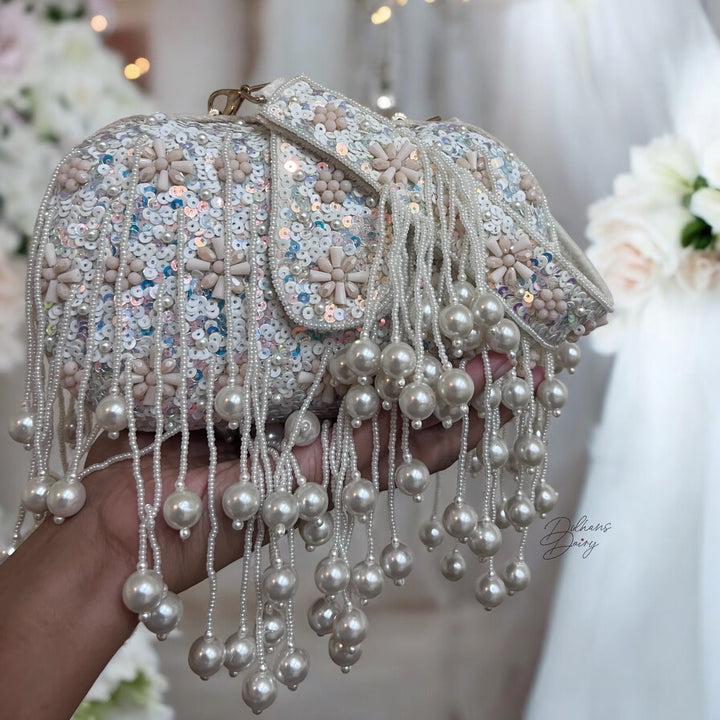Handmade Ivory Sequin Bridal Clutch with Beaded Tassels