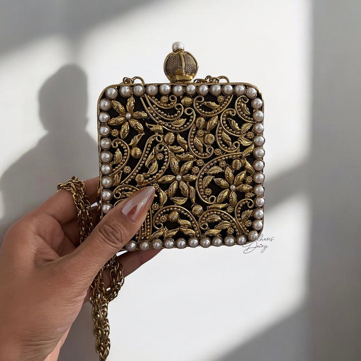 Gold Pearl Mini Brass Clutch | Vintage Style Statement Evening Bag
