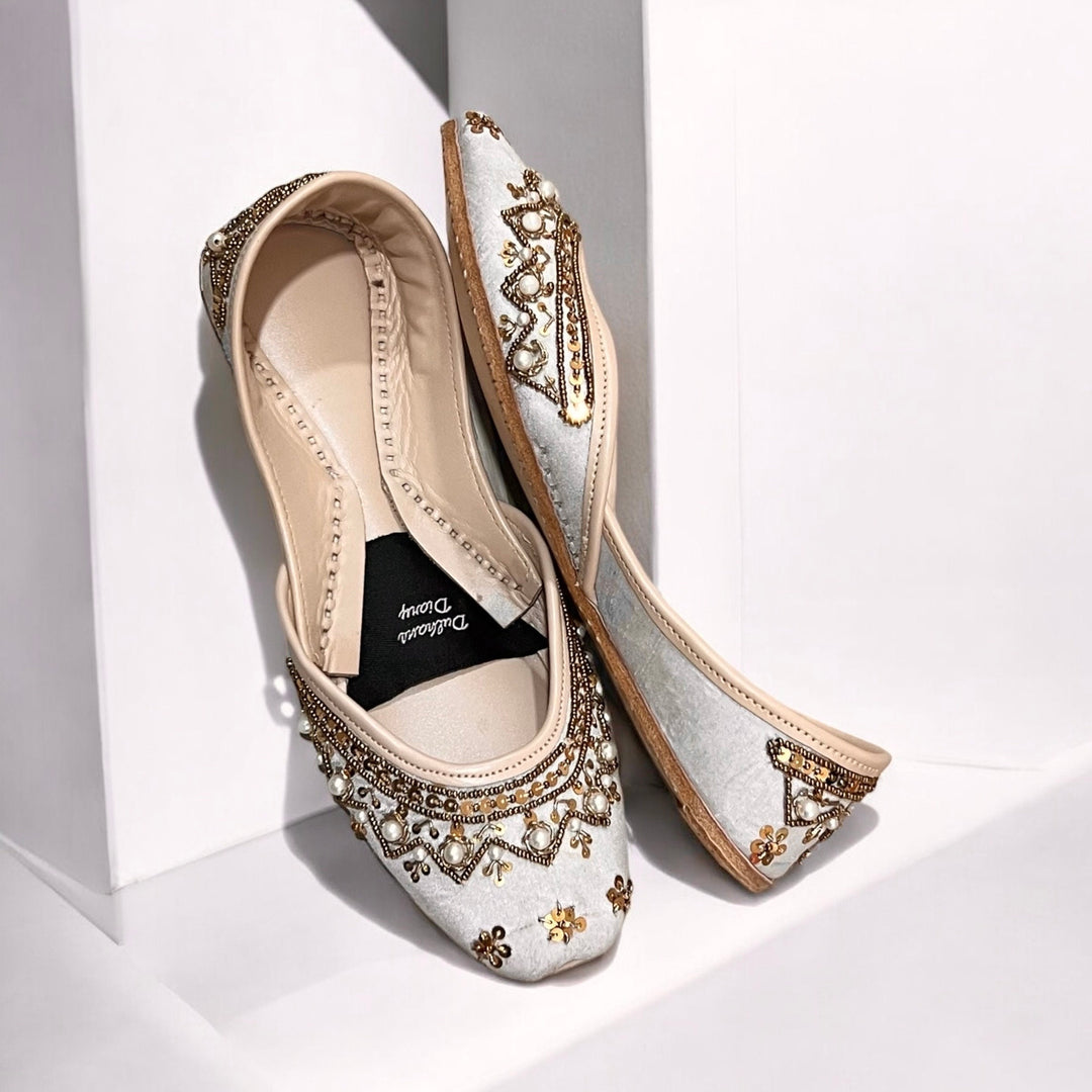 Handmade White Khussa Juttis: Pakistani Bridal Flat Shoes