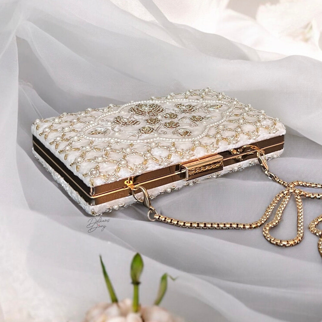 Beaded Ivory Velvet Bridal Clutch: Zardosi Wedding Purse