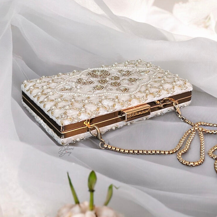 Beaded Ivory Velvet Bridal Clutch: Zardosi Wedding Purse