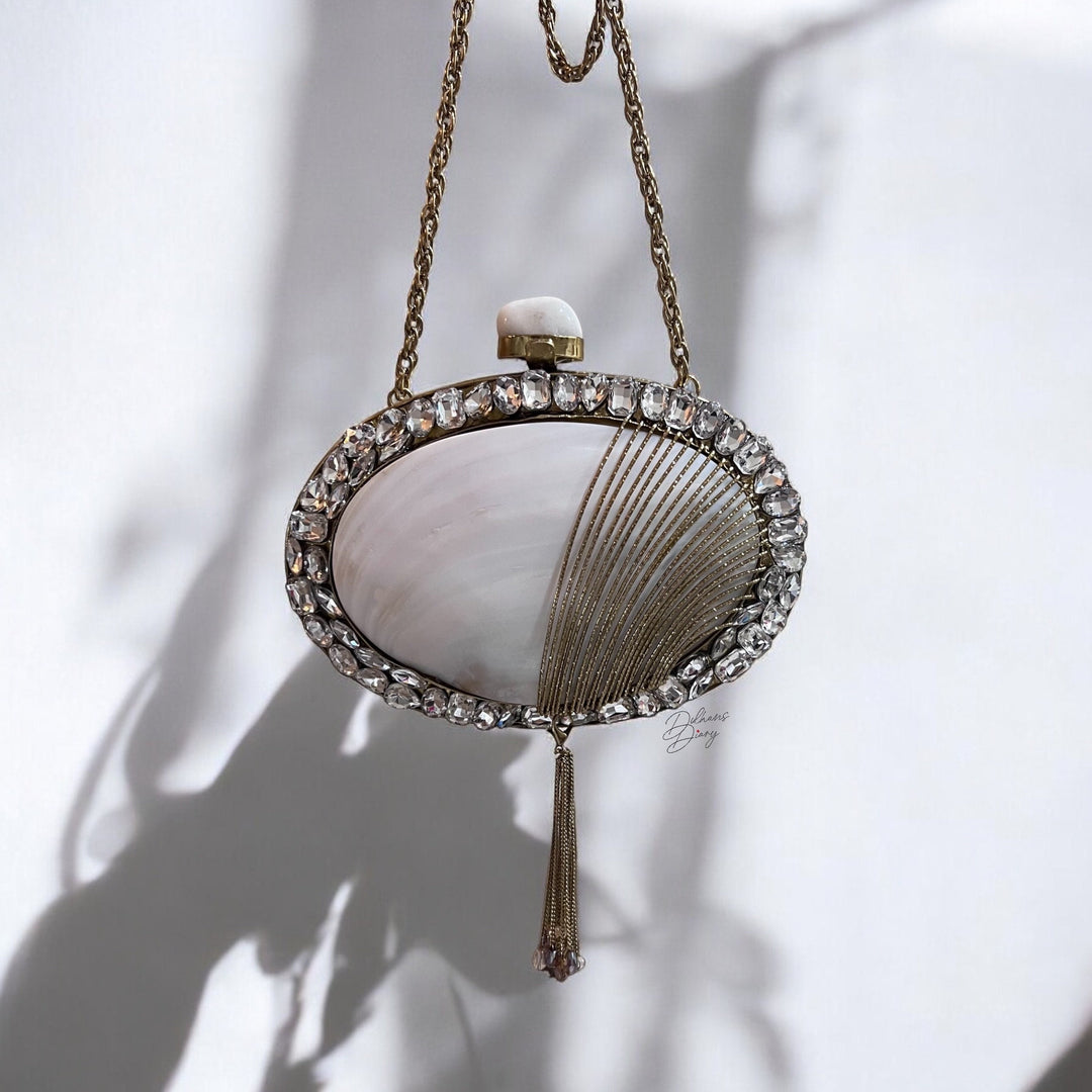 Mother of Pearl Shell Clutch: Rhinestone Evening Bag, 14k Gold Frame