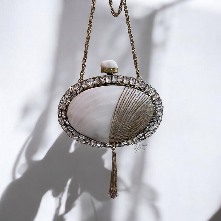 Mother of Pearl Shell Clutch: Rhinestone Evening Bag, 14k Gold Frame