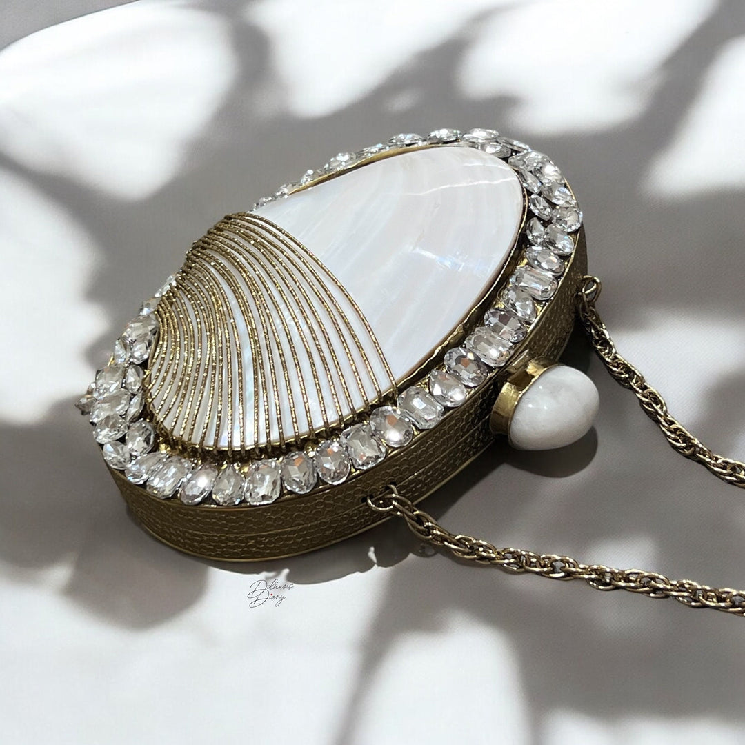 Mother of Pearl Shell Clutch: Rhinestone Evening Bag, 14k Gold Frame