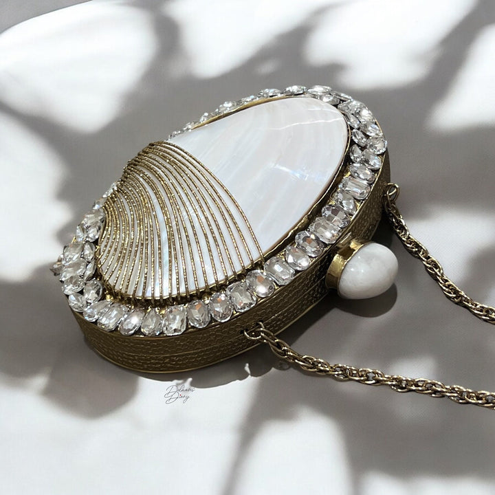 Mother of Pearl Shell Clutch: Rhinestone Evening Bag, 14k Gold Frame