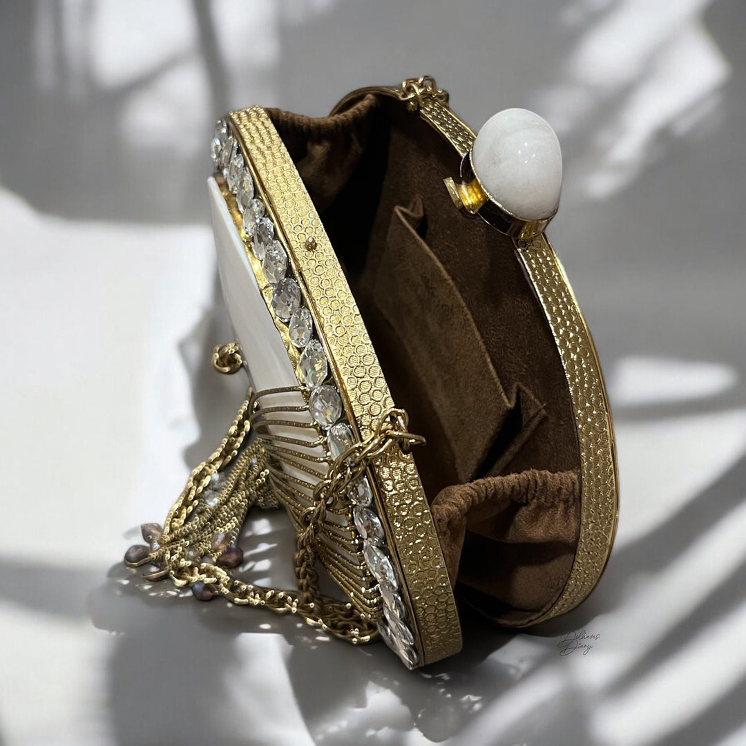 Mother of Pearl Shell Clutch: Rhinestone Evening Bag, 14k Gold Frame
