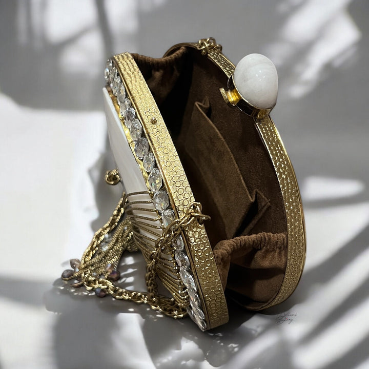 Mother of Pearl Shell Clutch: Rhinestone Evening Bag, 14k Gold Frame