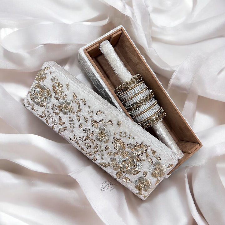 Handmade White Velvet Bangle Box: Gold Zardozi Embroidered Jewelry Box