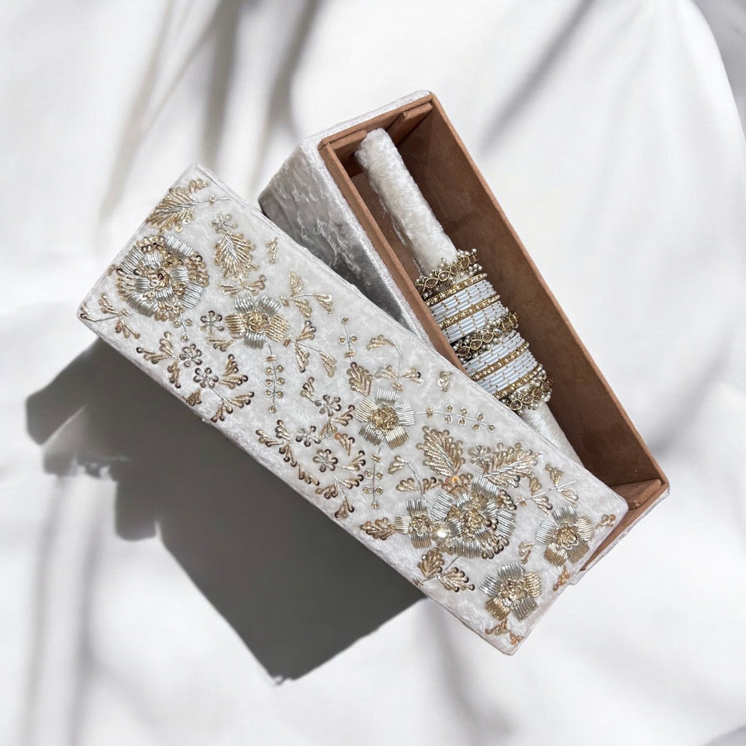 Handmade White Velvet Bangle Box: Gold Zardozi Embroidered Jewelry Box