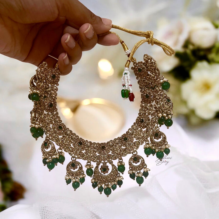 Indian Bridal Necklace Set: Gold Plated Kundan Jewelry, Green Crystal Embellishments