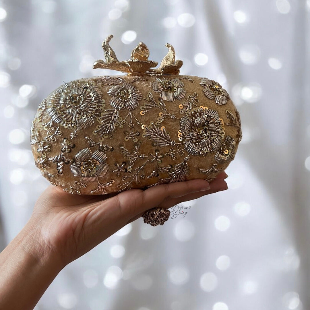 Champagne Gold Zardozi Clutch: Bridal Wedding Evening Bag
