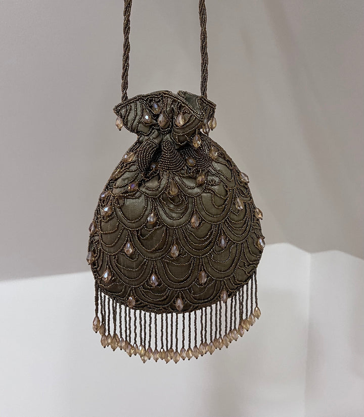 Handmade Bronze Beaded Potli Bag: Indian Bridal Evening Bag