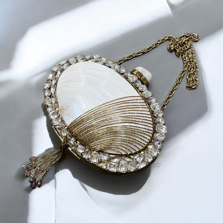 Mother of Pearl Shell Clutch: Rhinestone Evening Bag, 14k Gold Frame