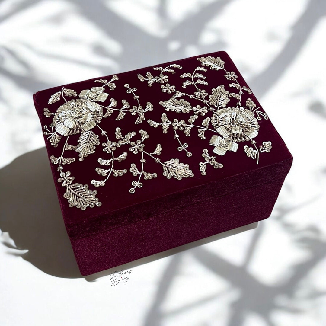 Handmade Maroon Velvet Kalira Box: Gold Zardozi Embroidered Bangle Box
