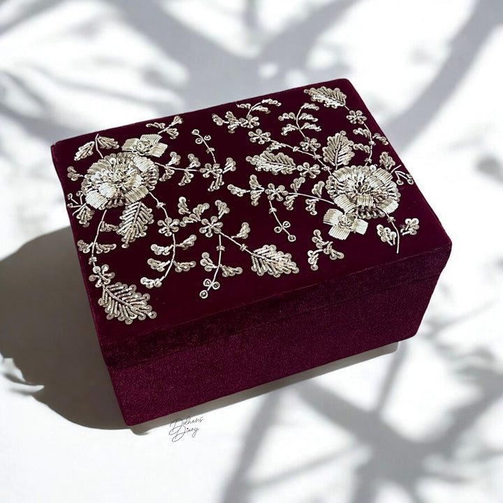 Handmade Maroon Velvet Kalira Box: Gold Zardozi Embroidered Bangle Box