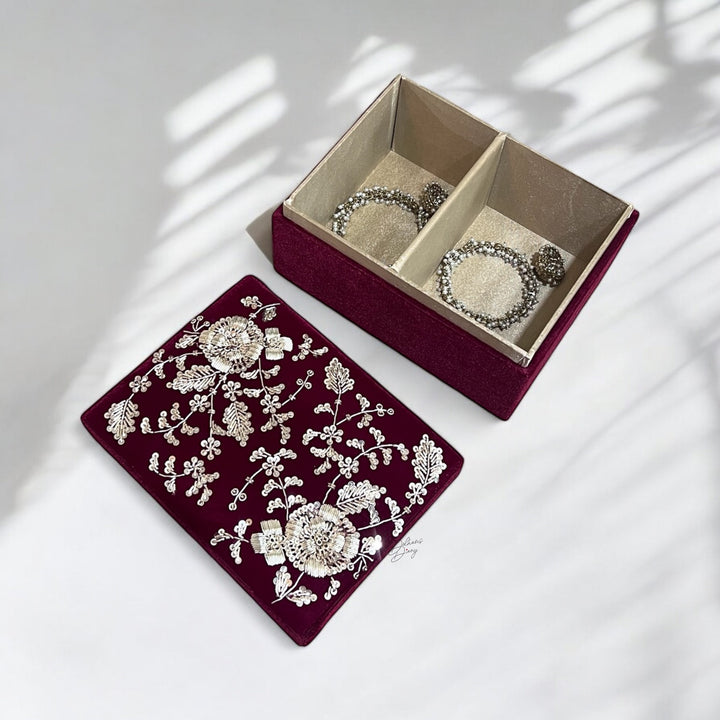 Handmade Maroon Velvet Kalira Box: Gold Zardozi Embroidered Bangle Box