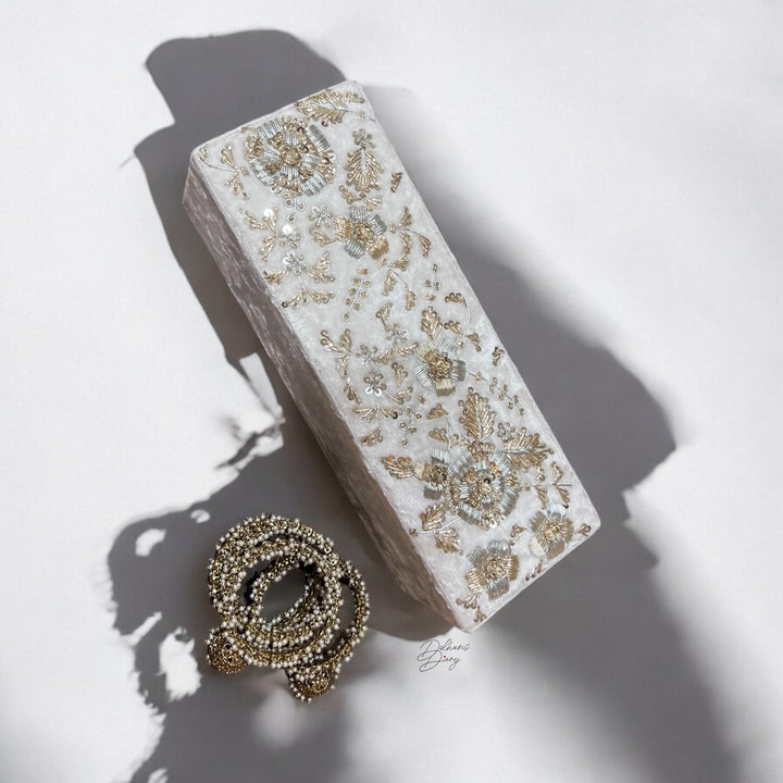 Handmade White Velvet Bangle Box: Gold Zardozi Embroidered Jewelry Box