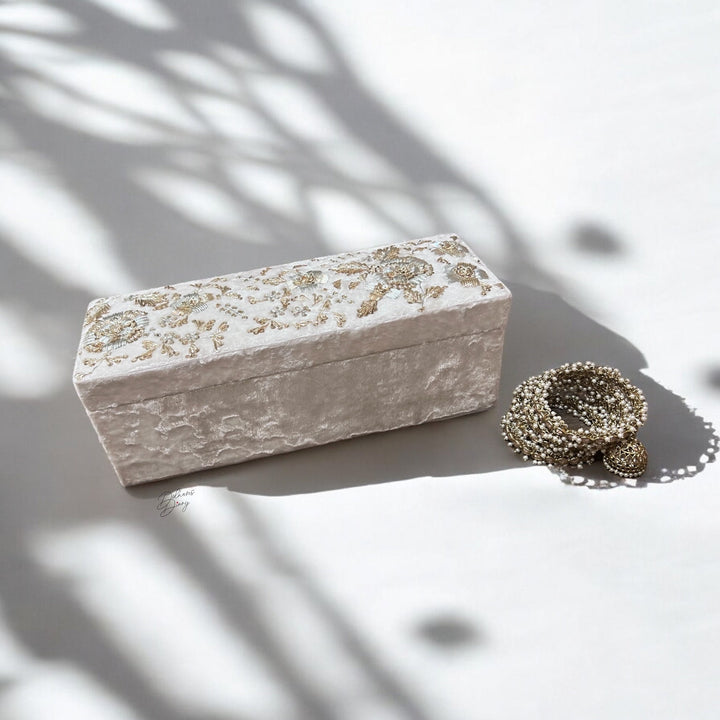 Handmade White Velvet Bangle Box: Gold Zardozi Embroidered Jewelry Box