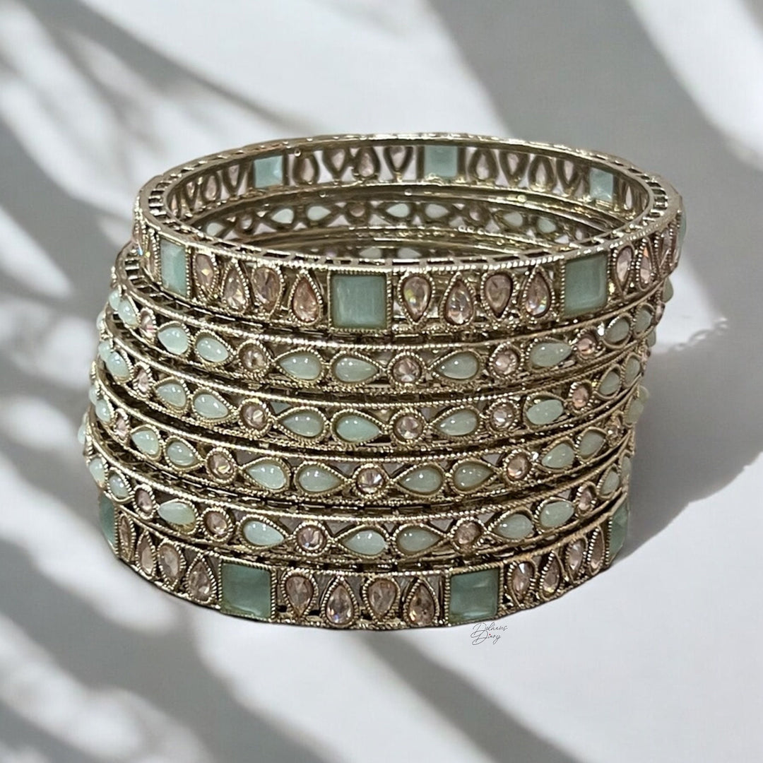 Polki Pastel Bridal Bangle Set: Indian Gold Mint Bangles