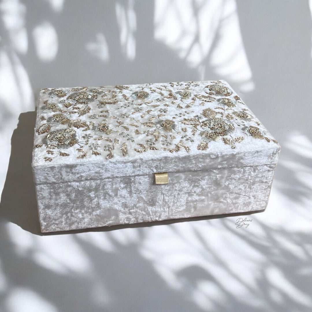 Handmade White Velvet Trousseau Box: Bridal Keepsake with Zardozi Embroidery
