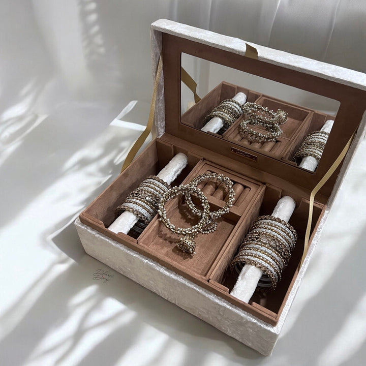Handmade White Velvet Trousseau Box: Bridal Keepsake with Zardozi Embroidery