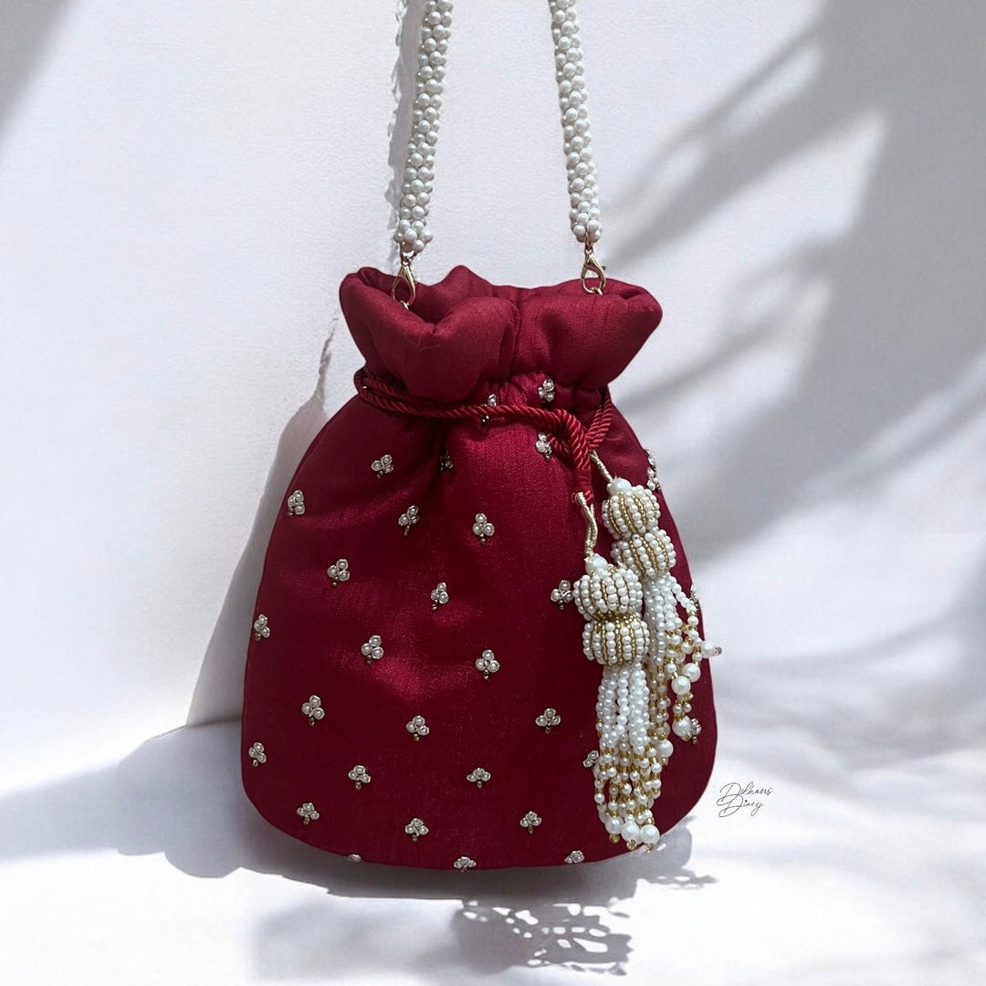 Handmade Beaded Bridal Potli Bag: Deep Red Indian Wedding Wristlet