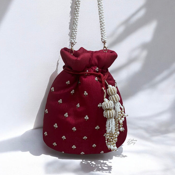 Handmade Beaded Bridal Potli Bag: Deep Red Indian Wedding Wristlet