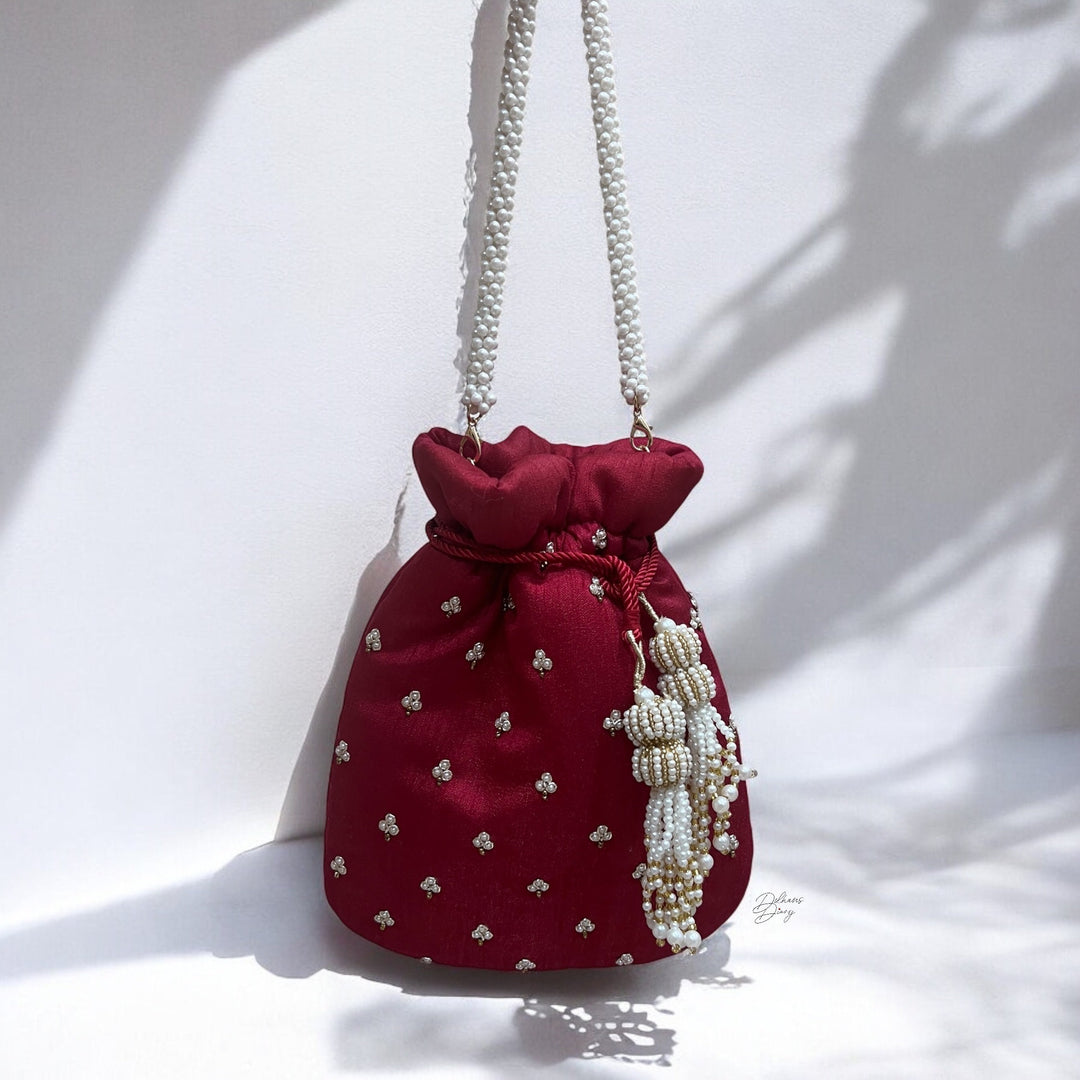 Handmade Beaded Bridal Potli Bag: Deep Red Indian Wedding Wristlet