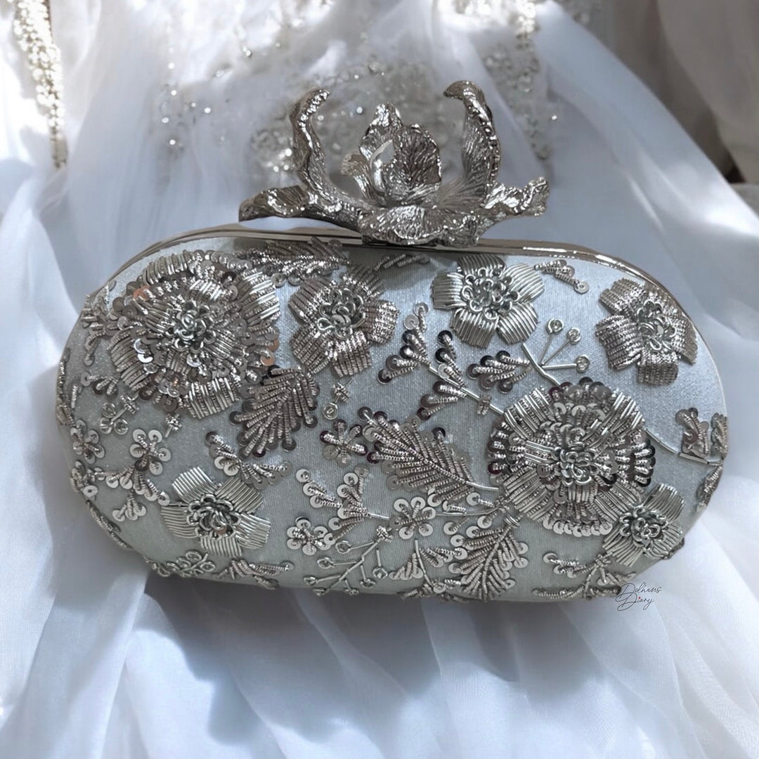 Powder Blue Zardosi Clutch: Hand-Embroidered Raw Silk Bridal Evening Bag