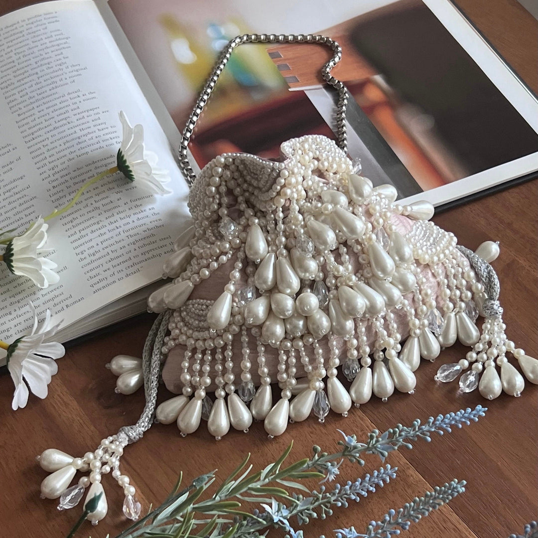 Pearl Beaded Bridal Potli Bag | Handmade Raw Silk Handbag