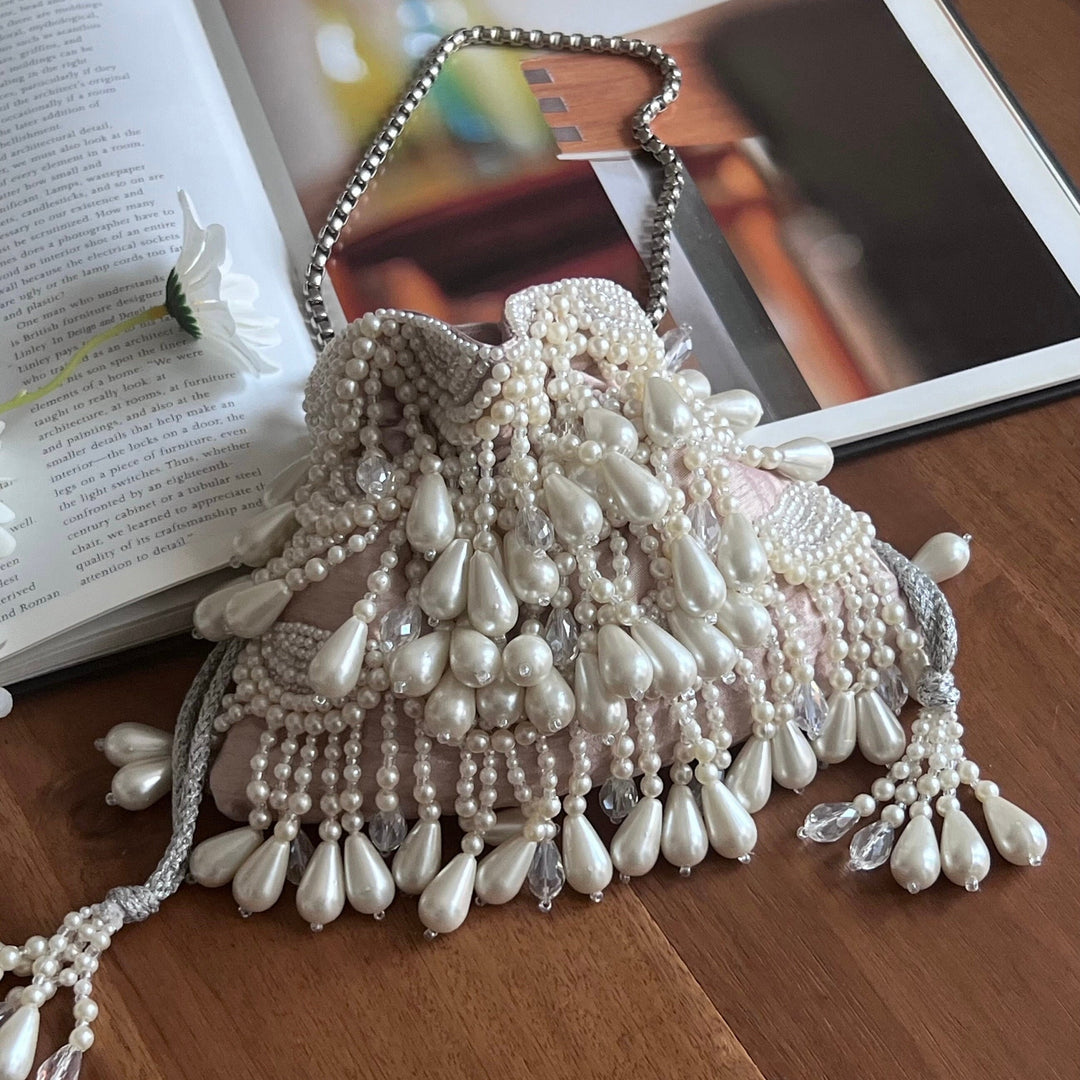 Pearl Beaded Bridal Potli Bag | Handmade Raw Silk Handbag