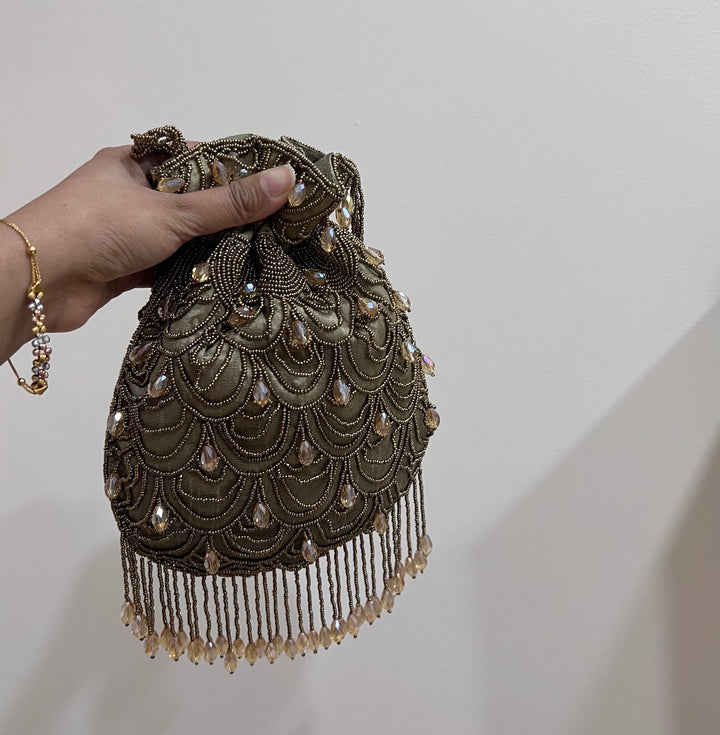 Handmade Bronze Beaded Potli Bag: Indian Bridal Evening Bag