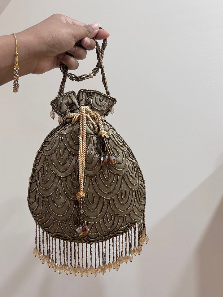 Handmade Bronze Beaded Potli Bag: Indian Bridal Evening Bag