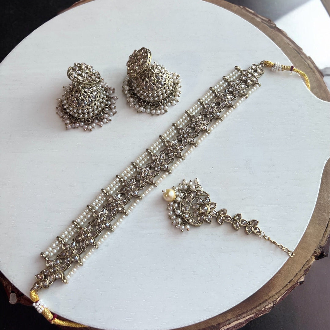 Gold Finish Indian Choker Set: Bridal Necklace, Earrings & Headpiece