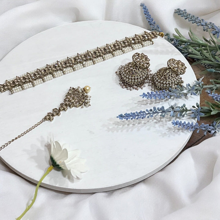 Gold Finish Indian Choker Set: Bridal Necklace, Earrings & Headpiece
