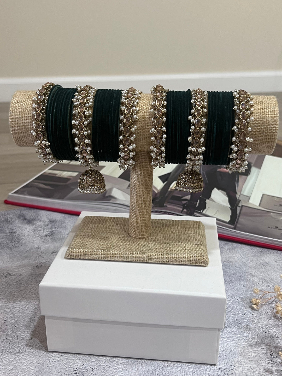 Polki Pearl Velvet Bridal Bangle Set - Indian Gold & Bottle Green