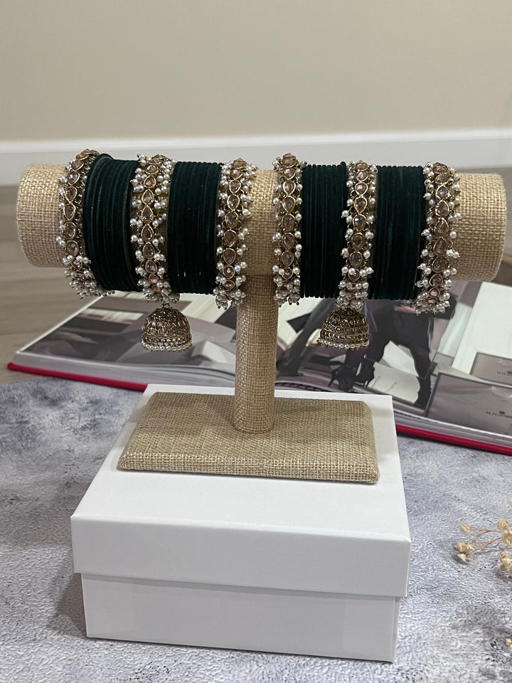 Polki Pearl Velvet Bridal Bangle Set - Indian Gold & Bottle Green