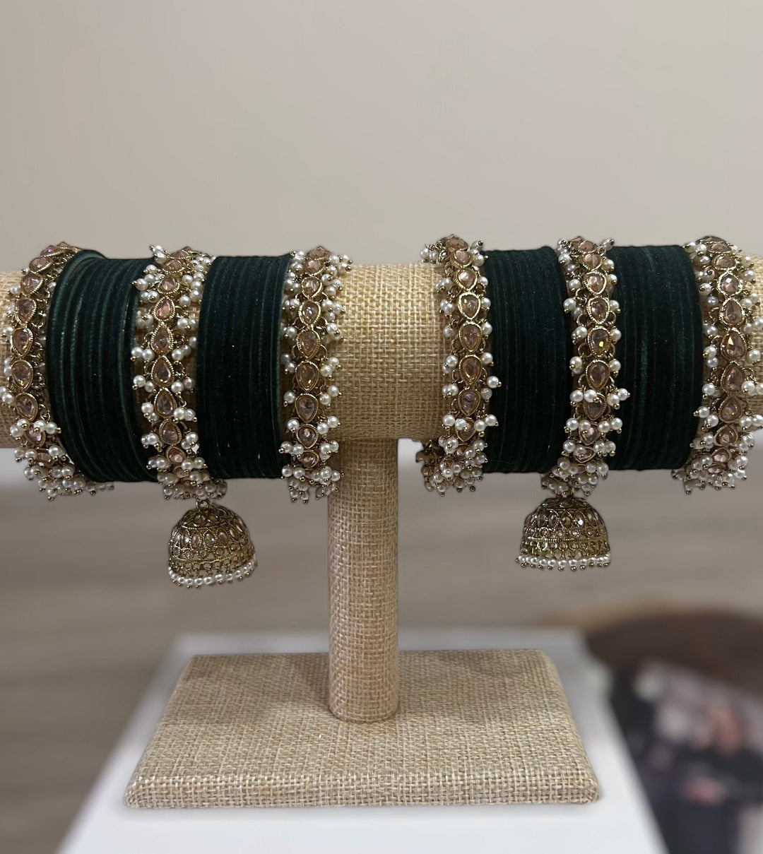 Polki Pearl Velvet Bridal Bangle Set - Indian Gold & Bottle Green