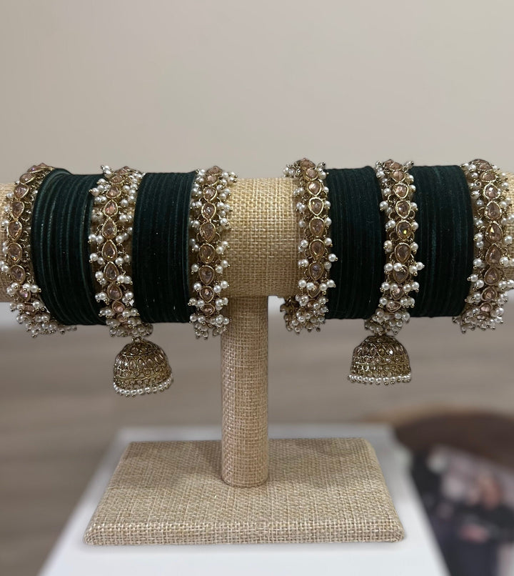 Polki Pearl Velvet Bridal Bangle Set - Indian Gold & Bottle Green