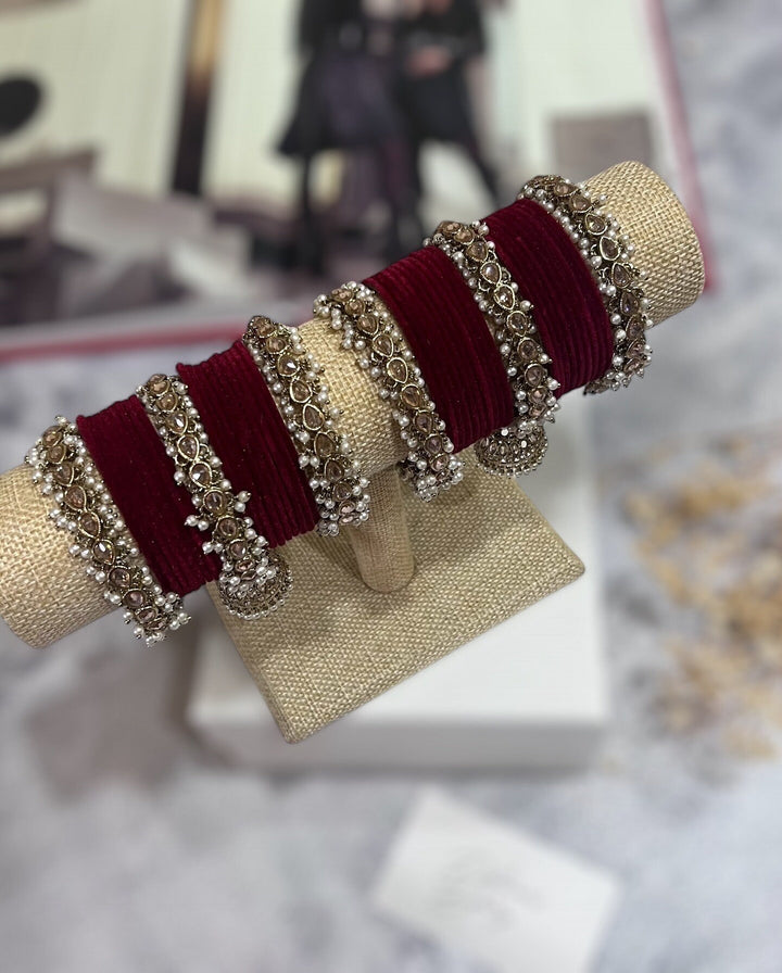 Indian Bridal Polki Bangle Set: Pearl Champagne Bangles