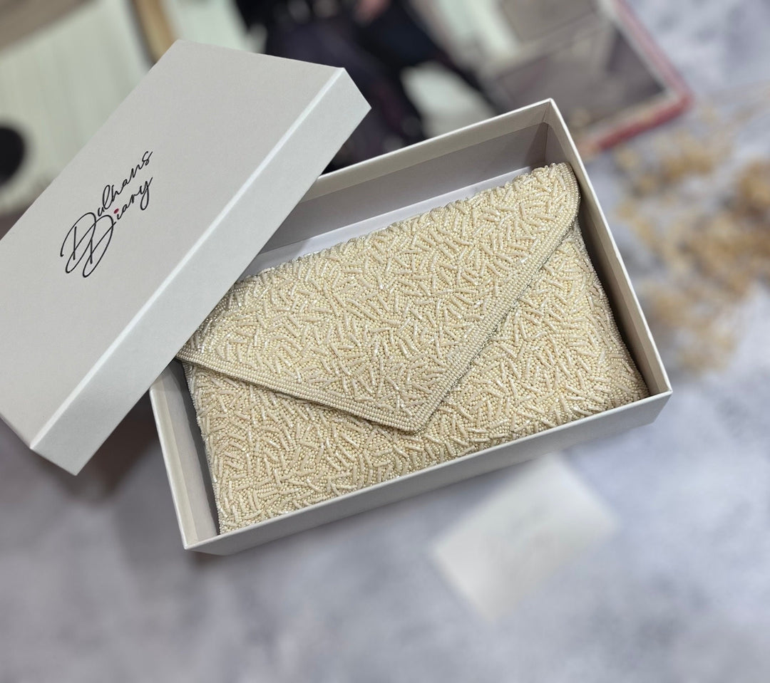 Ivory Beaded Bridal Clutch: Wedding Evening Bag with Chain