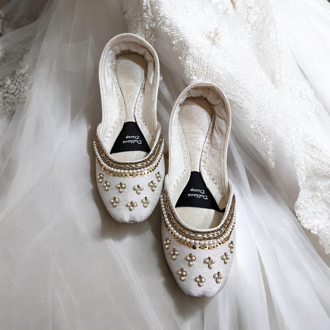 Ivory Velvet Bridal Khussa Jutti: Handmade Pakistani Wedding Shoes