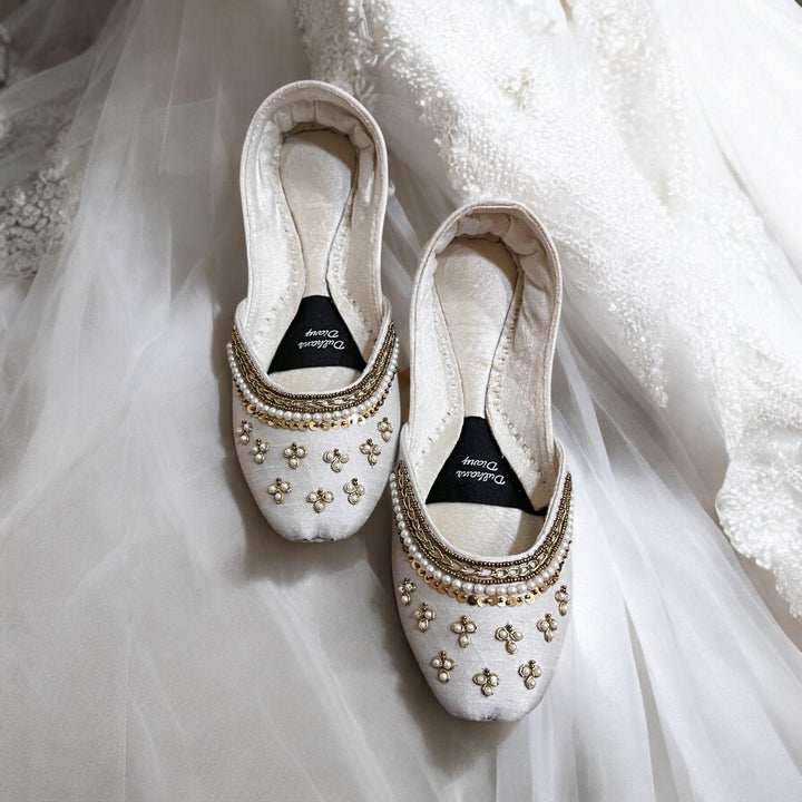 Ivory Velvet Bridal Khussa Jutti: Handmade Pakistani Wedding Shoes