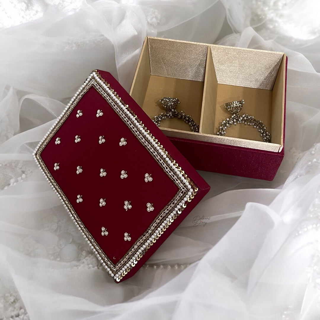 Handmade Deep Red Kalira Box: Zardozi Embroidered Bridal Bangle Box