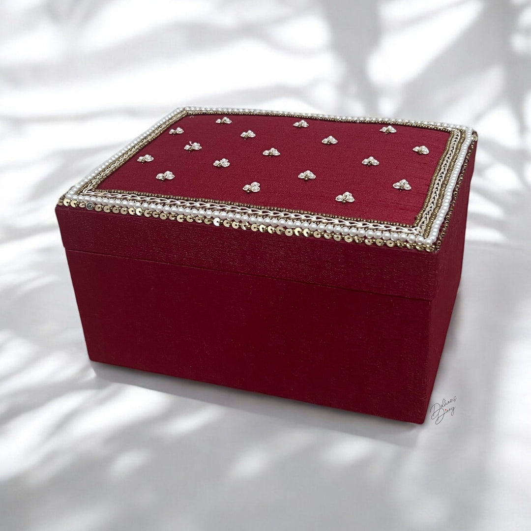 Handmade Deep Red Kalira Box: Zardozi Embroidered Bridal Bangle Box
