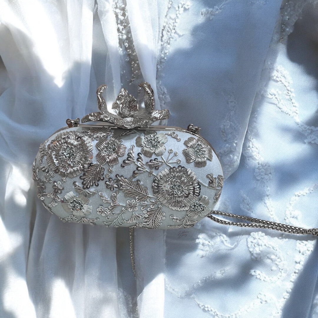 Powder Blue Zardosi Clutch: Hand-Embroidered Raw Silk Bridal Evening Bag